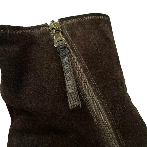 Prada Suede Wedge Boot Logo Side with Zipper Closure Brown Size 40 or US 10 - Picture 7 of 15